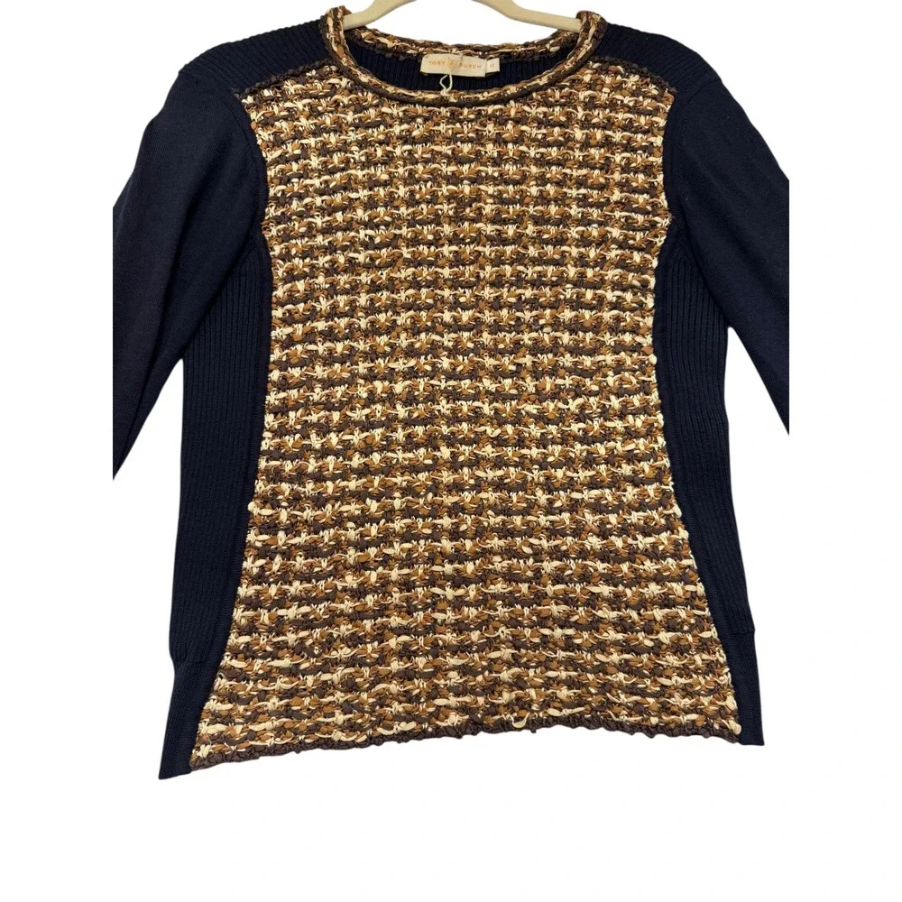Tory Burch Black Knit Sweater Textured‎ Metallic Front Panel XS